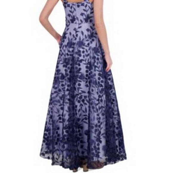 Eliza J Navy Blue Embroidered Floral Illusion Lace A-Line Gown - Picture 5 of 5